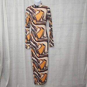 Blanc Dress Maxi Mesh Retro Bodycon Mock Neck Mod Grunge Brown Tan S